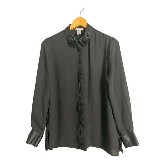 H&M Sheer Black Beaded Collar Career Blouse Shirt Top 4 small - Picture 1 of 7